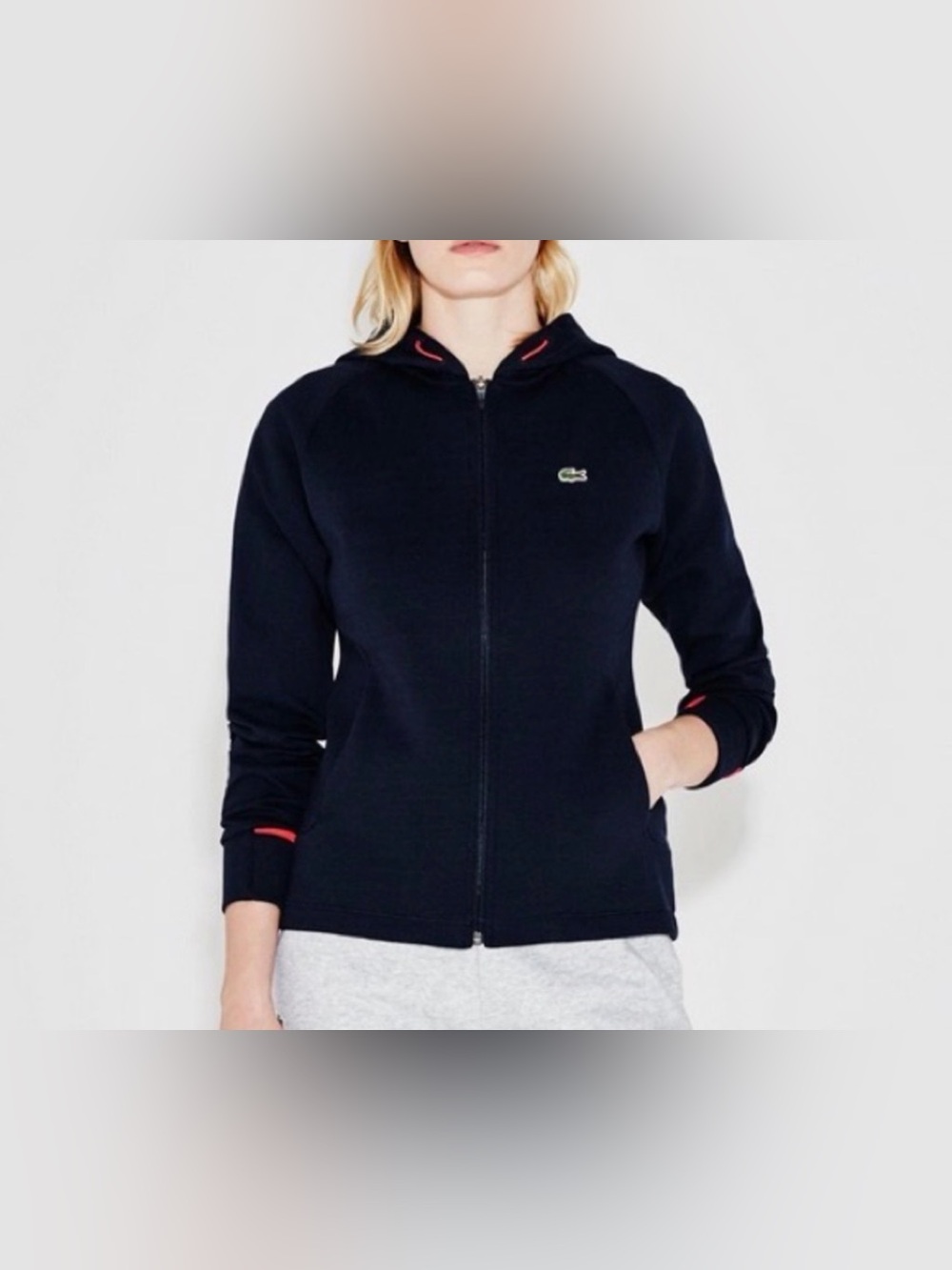 Lacoste Sport Women's Full Zip Hoodie Navy Blue Size 40 US M Neon Trim Fleece